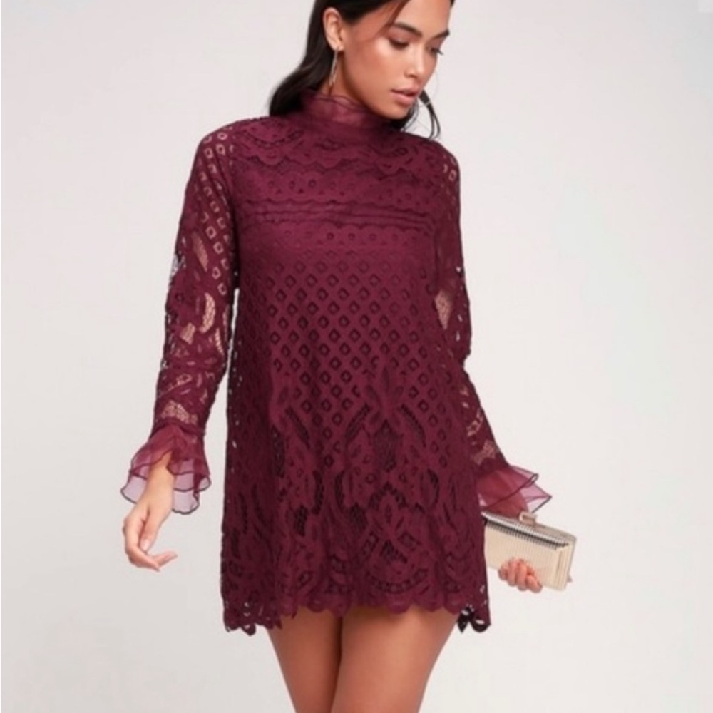 Lulus Love & Joy Burgundy Lace Long Sleeve Dress Size S